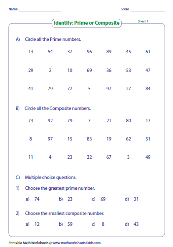 Prime And Composite Numbers Worksheets