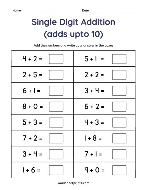 Printable Add Single Digit Numbers Adds Upto 10 Worksheet 