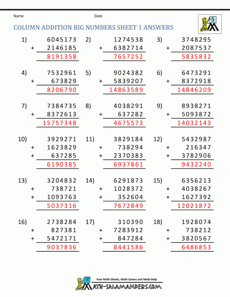 Printable Addition Worksheets 5th Grade