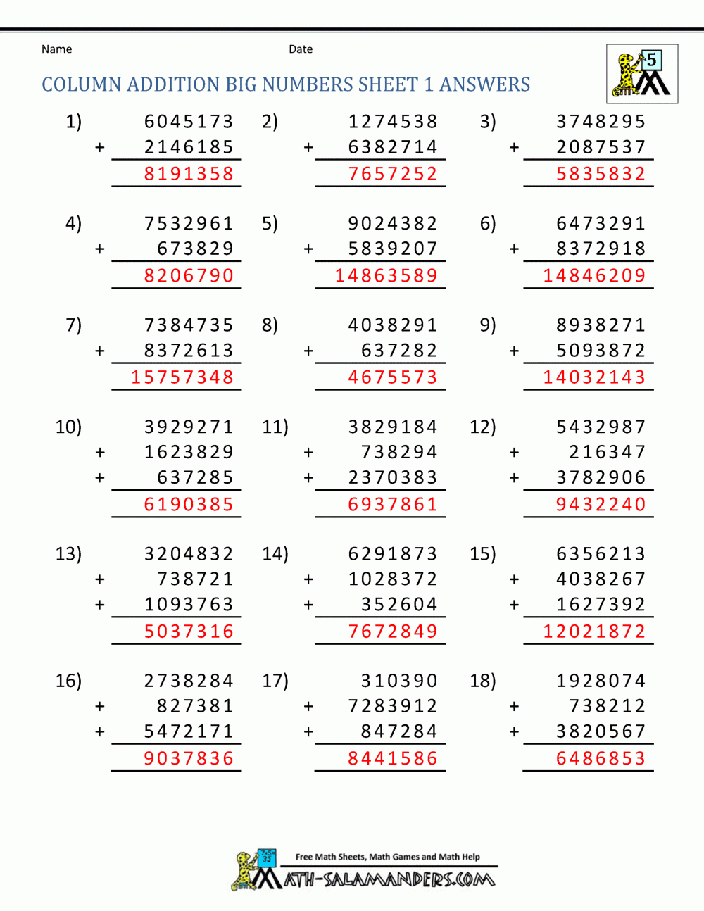 Printable Addition Worksheets 5th Grade