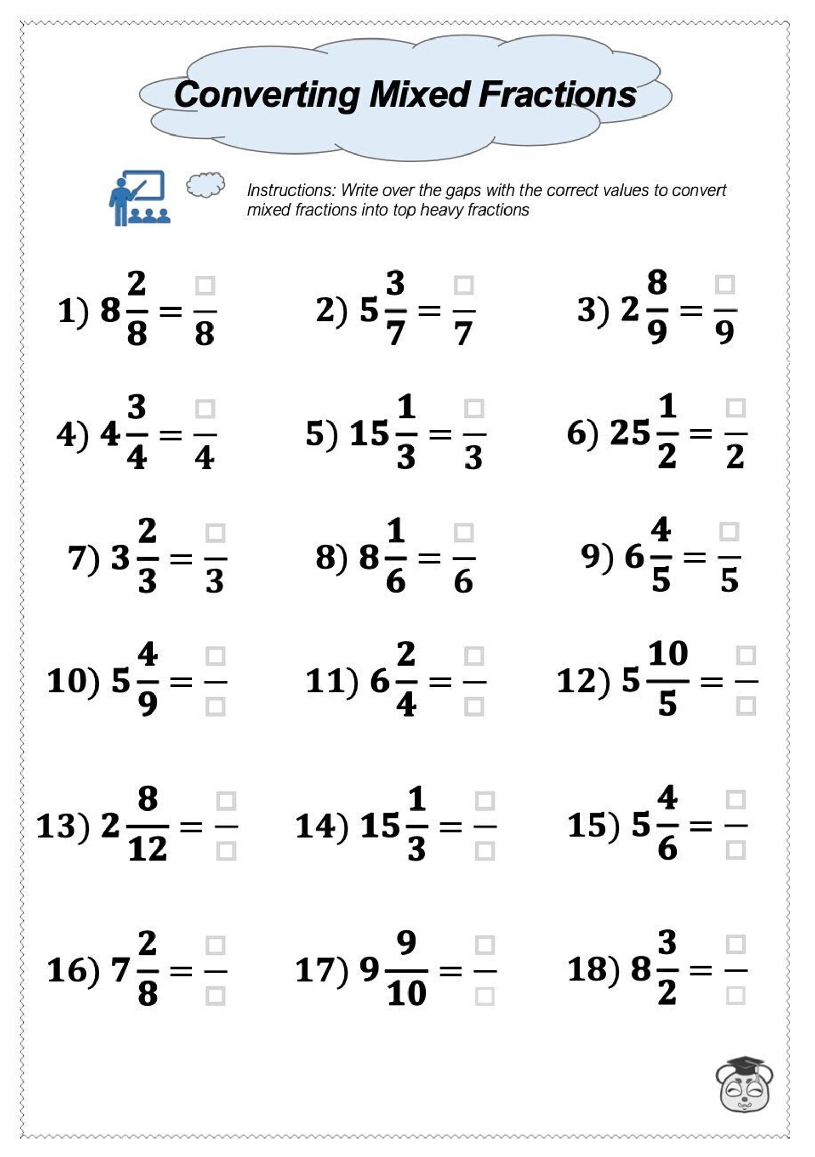 Printable Converting Mixed Fractions To Top Heavy Fractions Math 