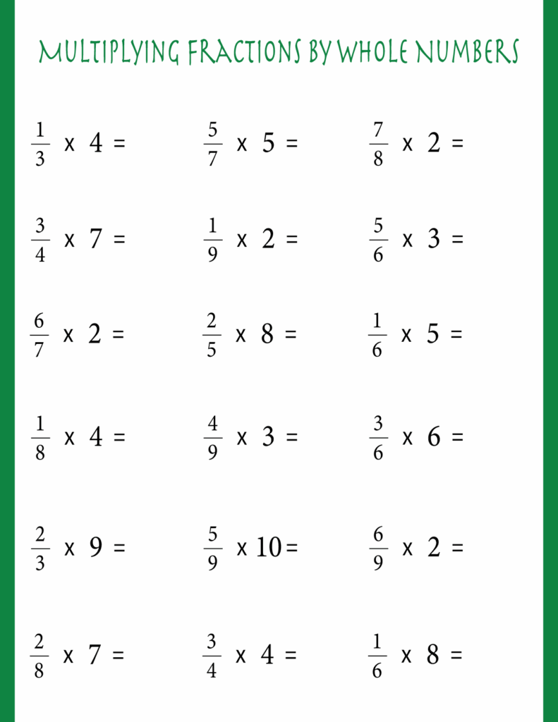 Printable Free Multiplying Fractions Worksheets by Whole Numbers In 