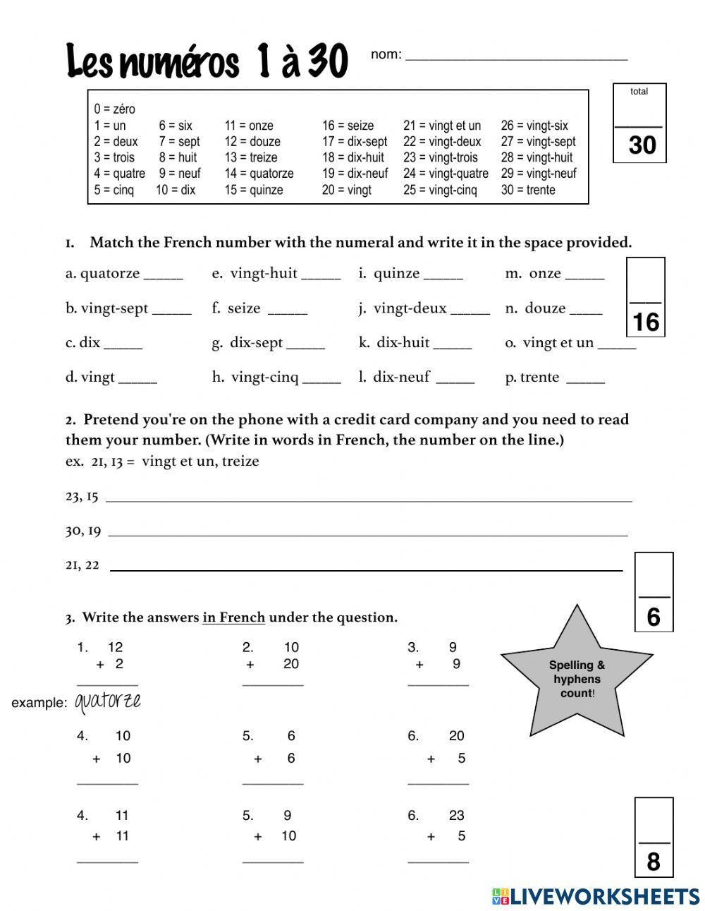 Printable French Numbers 1 To 30 Worksheet Twinkl CA Worksheets Library