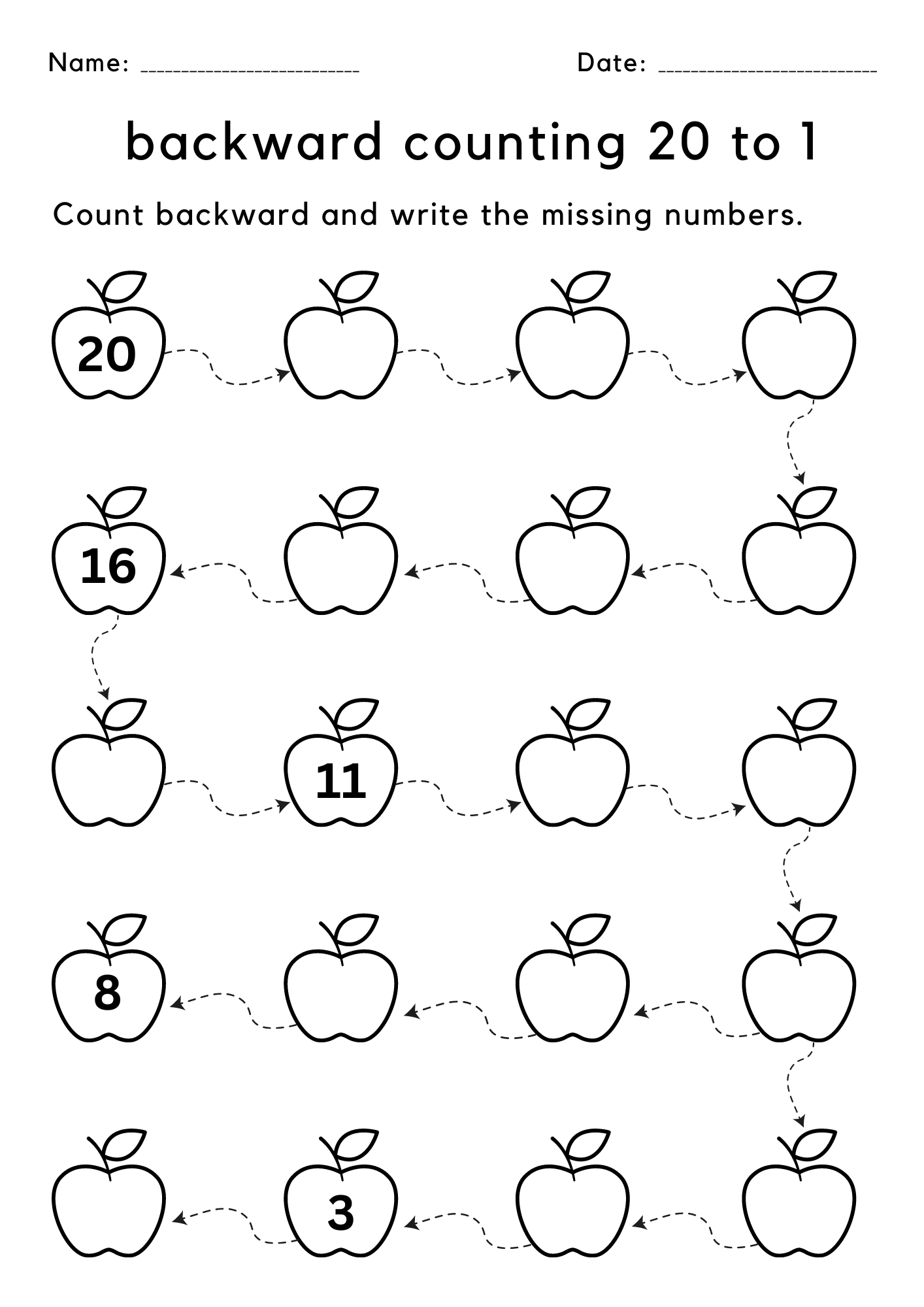 Printable Missing Number Backward Counting 20 To 1 Worksheet For