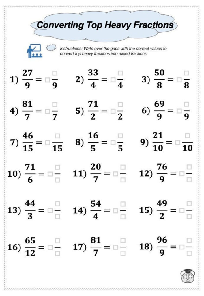 Printable Top heavy Fractions To Mixed Fractions Conversion Math 