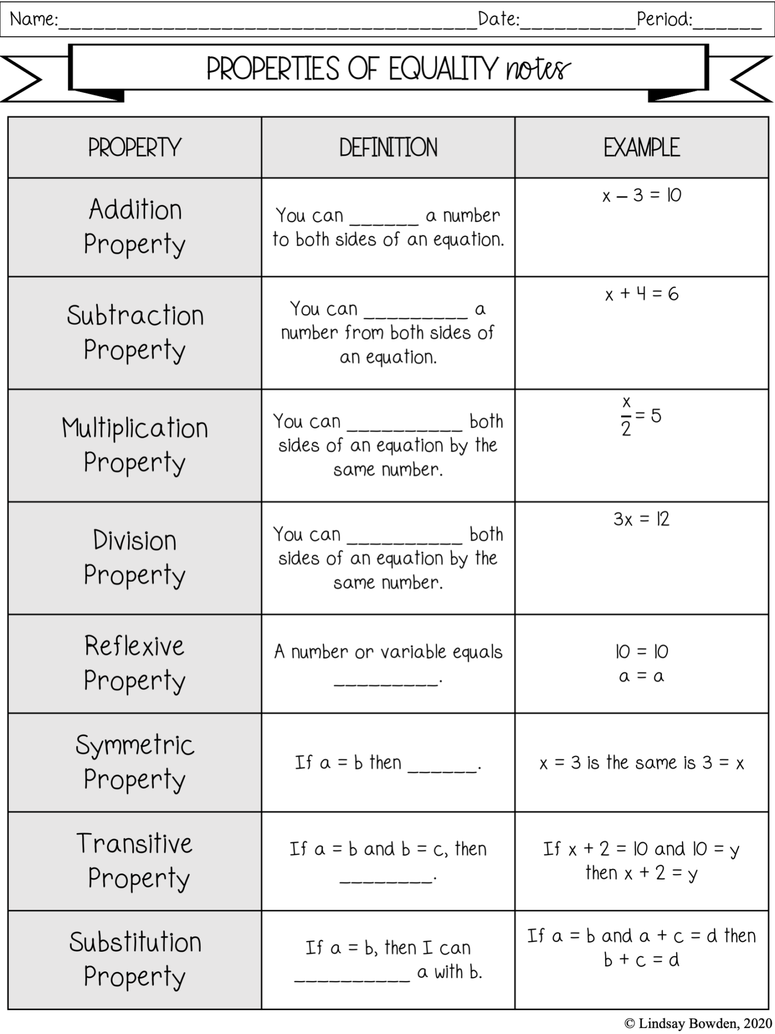 Properties Of Numbers Equality Notes And Worksheets Lindsay Bowden
