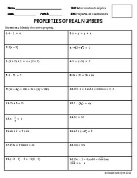 Properties Of Real Numbers Worksheet Answers