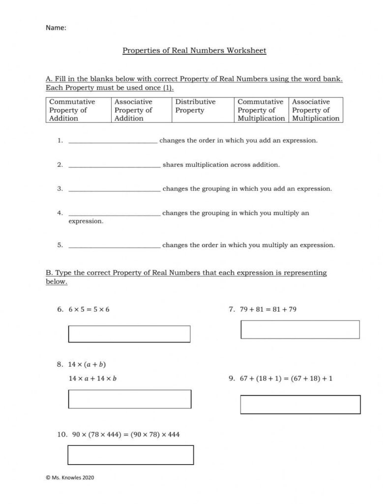 Properties Of Real Numbers Worksheet Answers