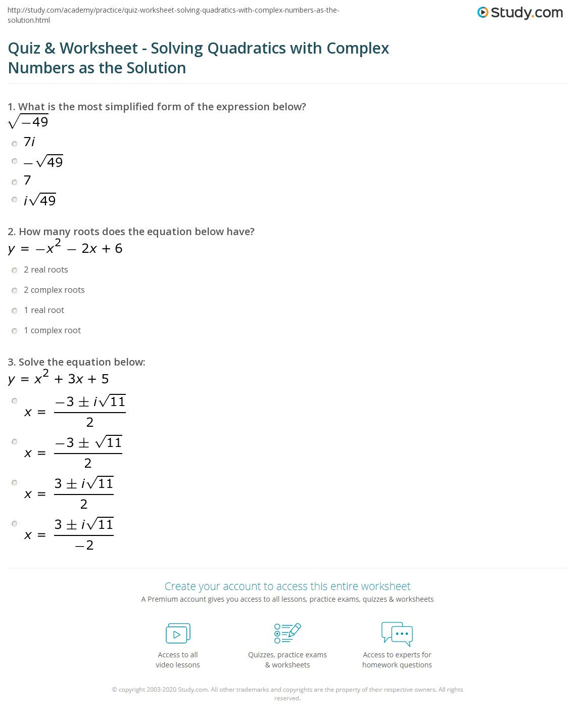 Quadratic Functions And Complex Numbers Worksheet Quadraticworksheet