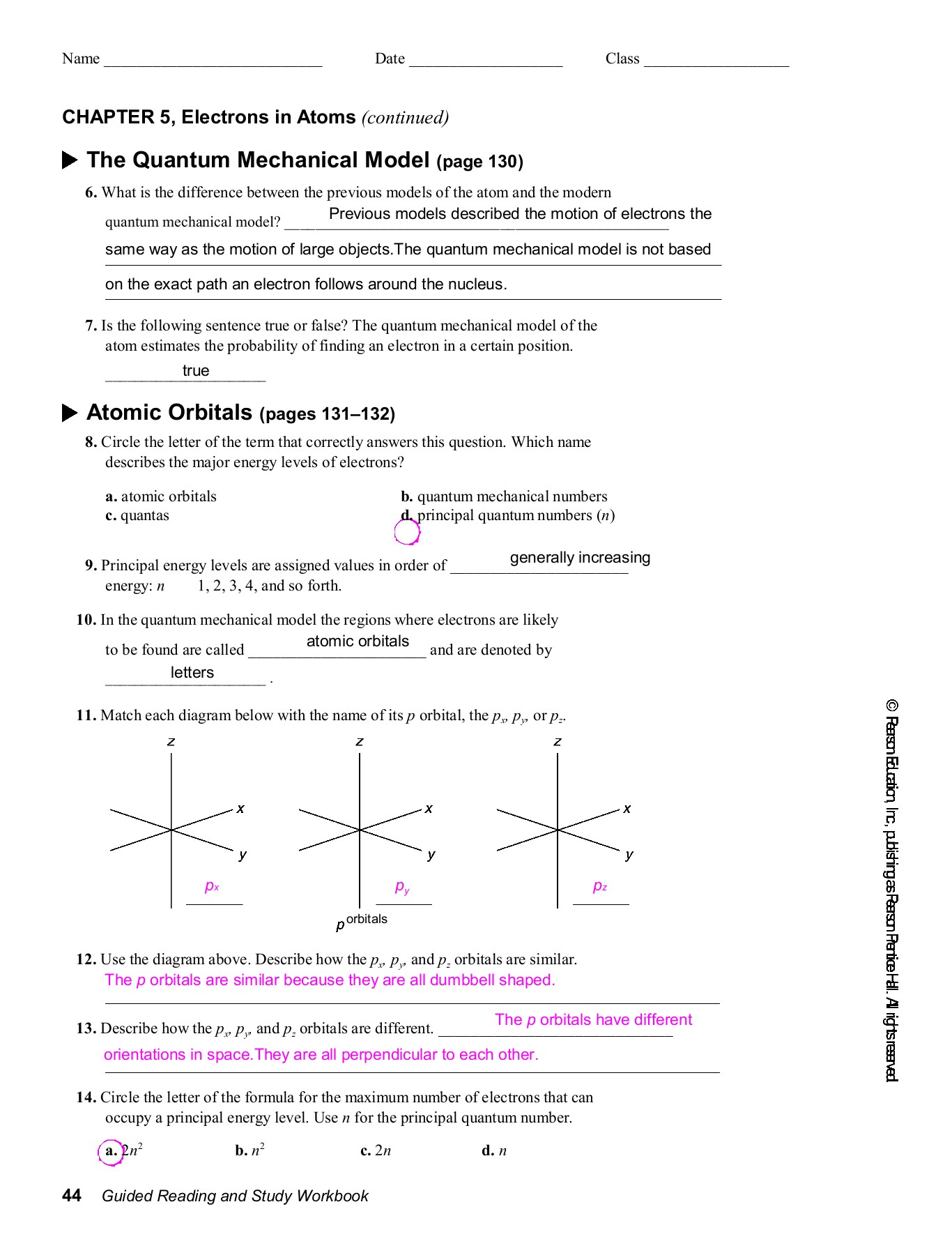 Quantum Numbers And Atomic Orbitals Worksheet Answers