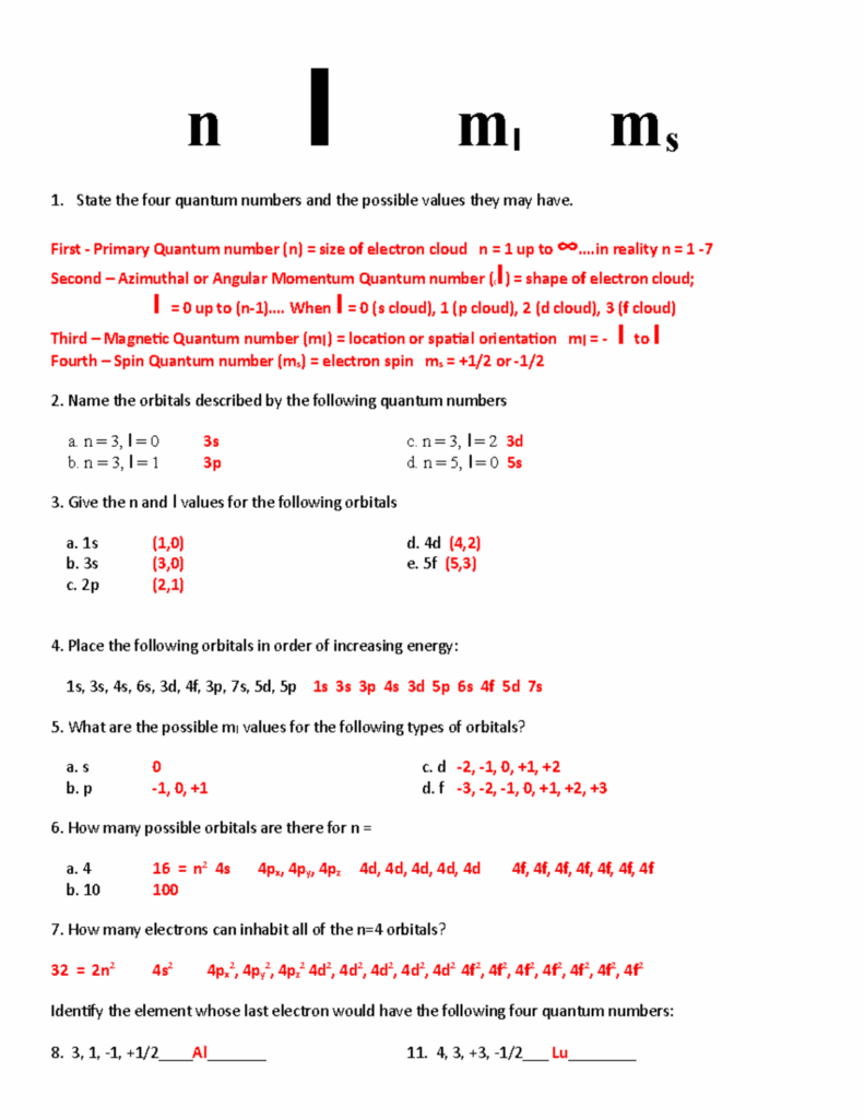 Quantum Numbers Worksheet ANSWER KEY N L Ml Ms State The Four Quantum 