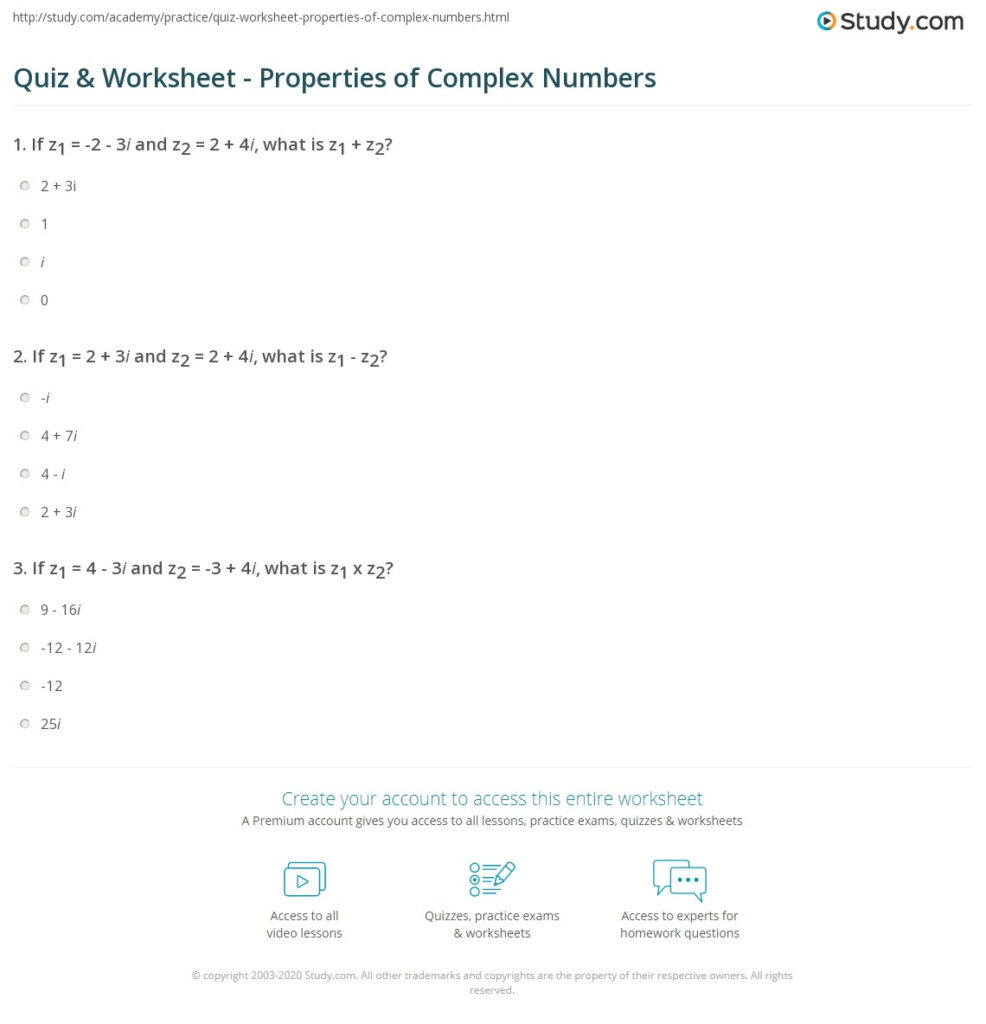 Quiz Worksheet Properties Of Complex Numbers Study