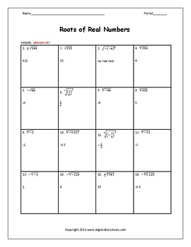 Radicals And Roots Of Real Numbers Worksheet By Algebra Funsheets
