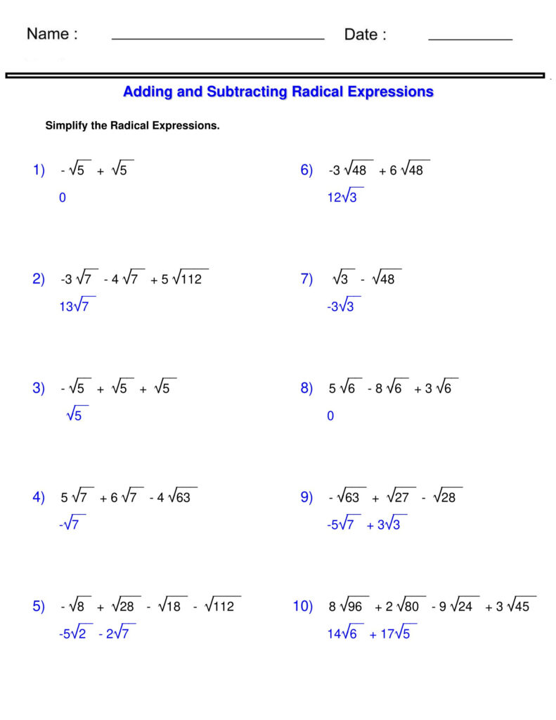 Radicals Worksheets Adding And Subtracting Radical Expressions Made 