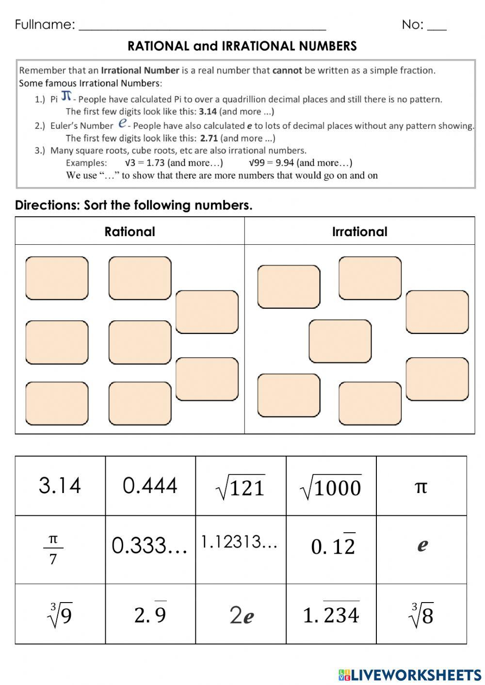 Rational And Irrational Numbers Exercise Live Worksheets Worksheets 