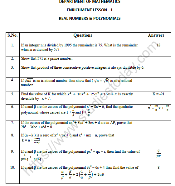 Real Numbers Class 10 Worksheet Pdf