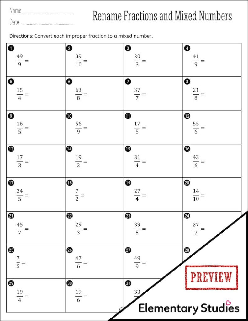 Renaming Fractions And Mixed Numbers Worksheets Elementary Studies