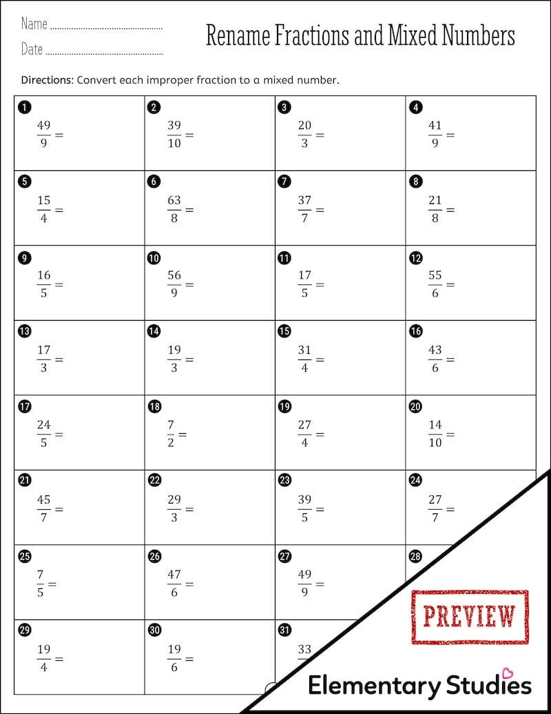 Renaming Fractions And Mixed Numbers Worksheets Elementary Studies