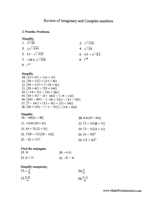 Review Of Imaginary And Complex Numbers Worksheet With Answers 