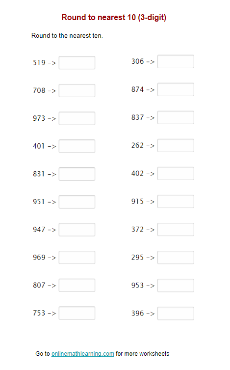 Round To The Nearest 10 3 digit Second Grade Printable Worksheets 