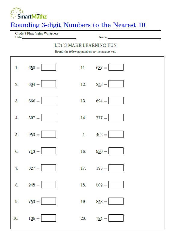 Rounding 3 digit Numbers To The Nearest 10 SmartMathz Worksheets 