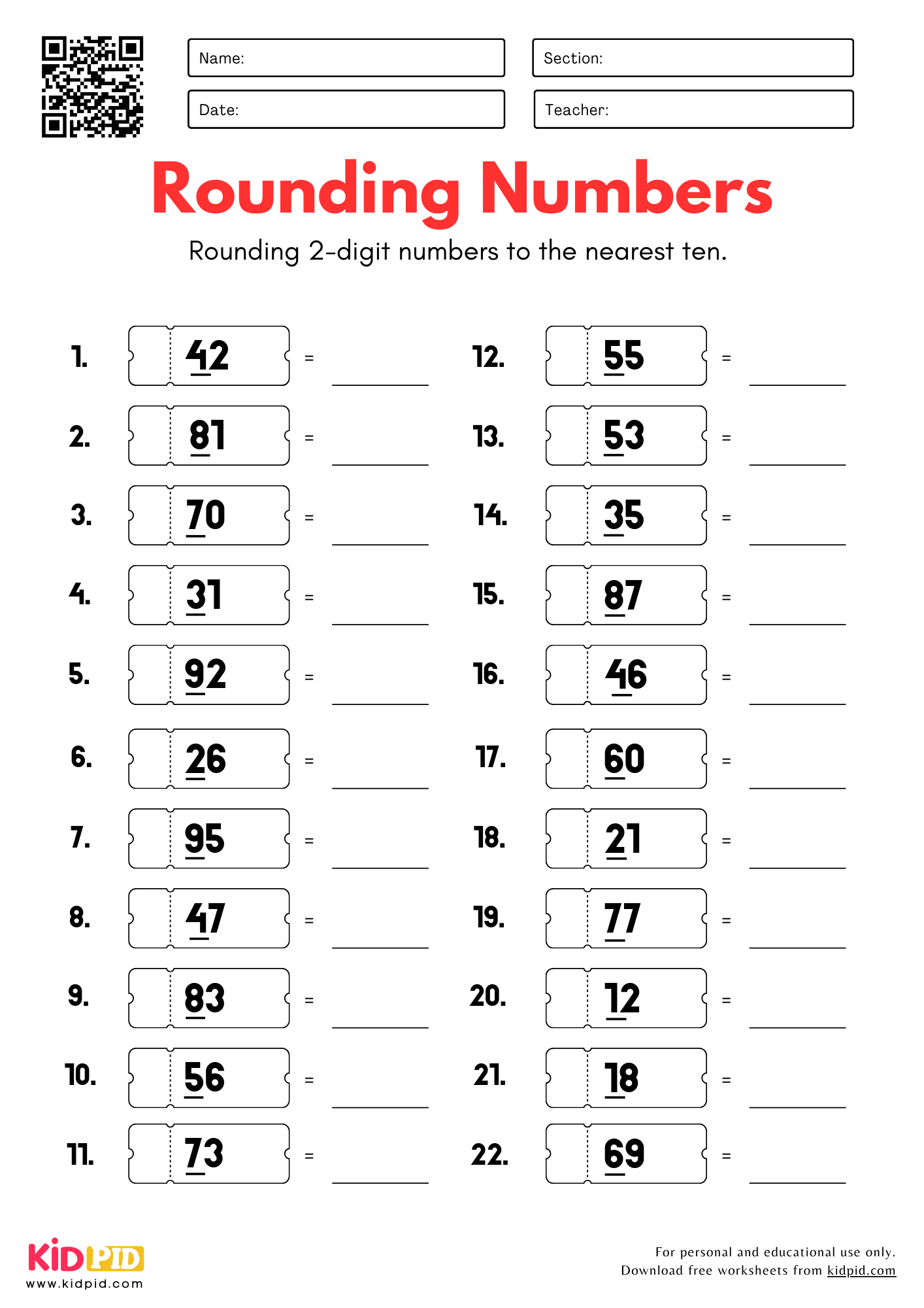 Rounding Two Digit Numbers To Nearest 10 Worksheets For Grade 2 Kidpid