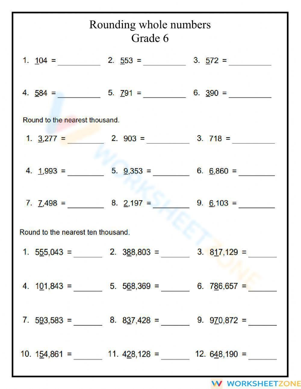 Rounding Whole Numbers Grade 6 Worksheet Worksheets Library