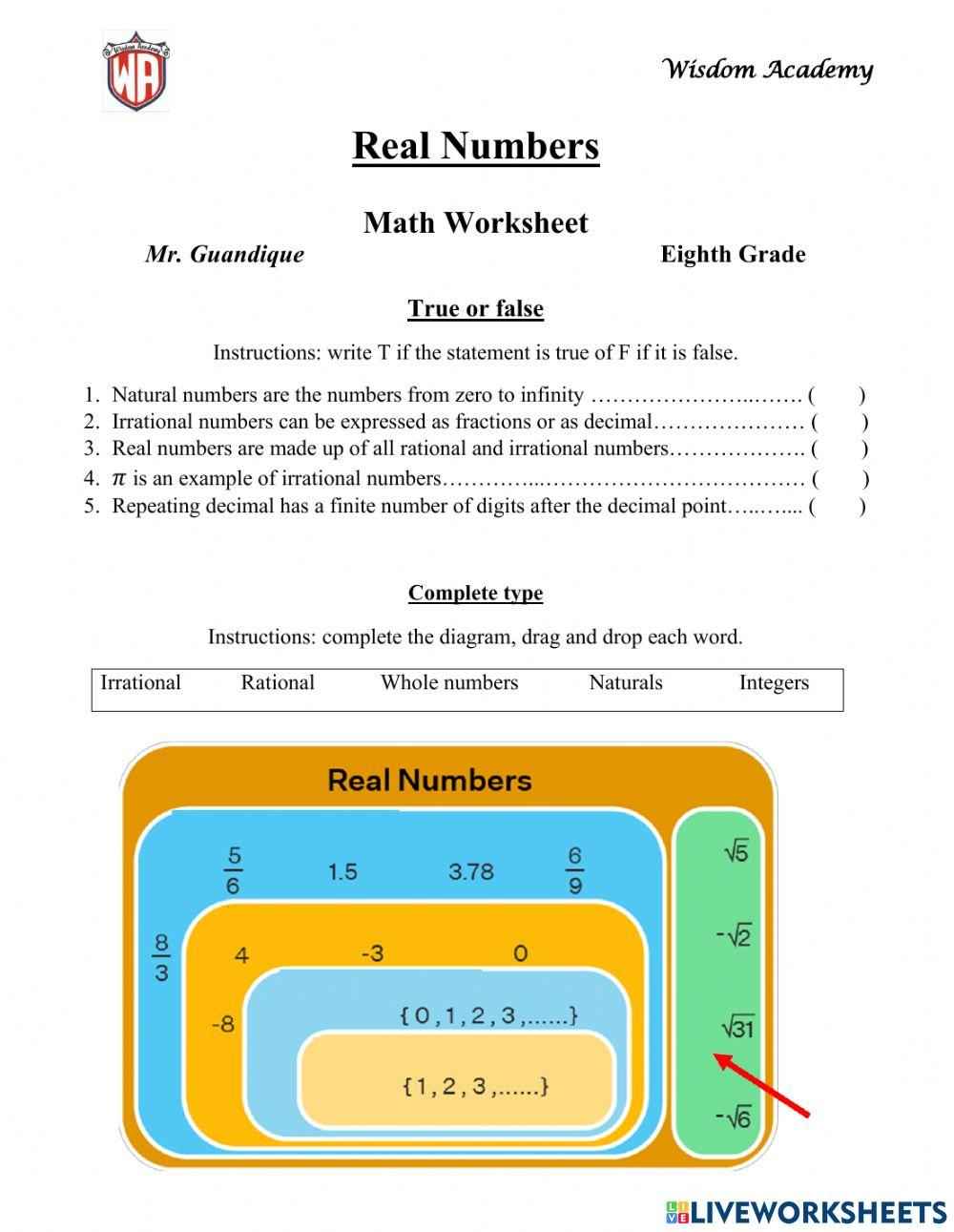 Sets Of Real Numbers Worksheet For 7th 9th Grade Lesson Planet 