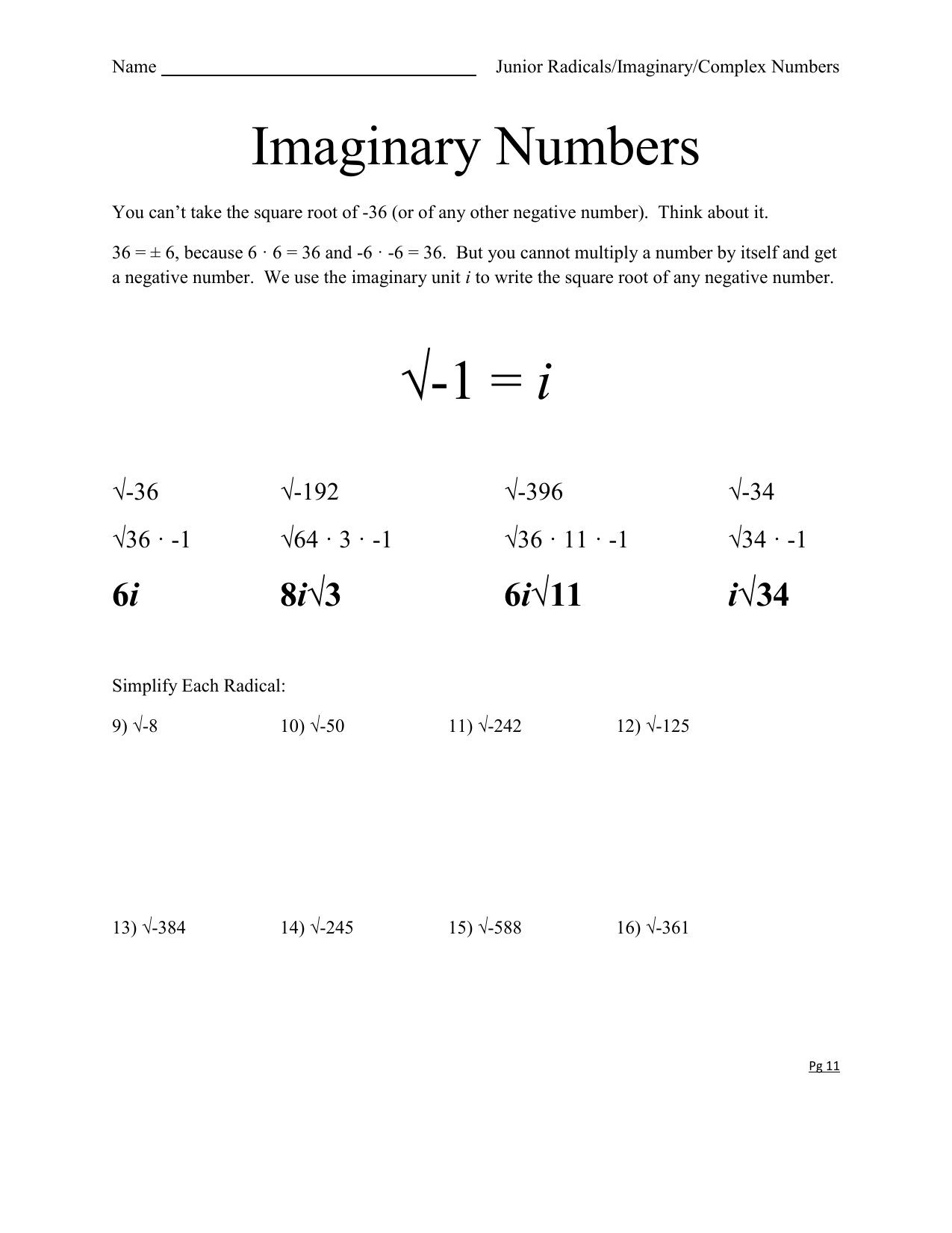 Simplifying Imaginary Numbers Worksheet