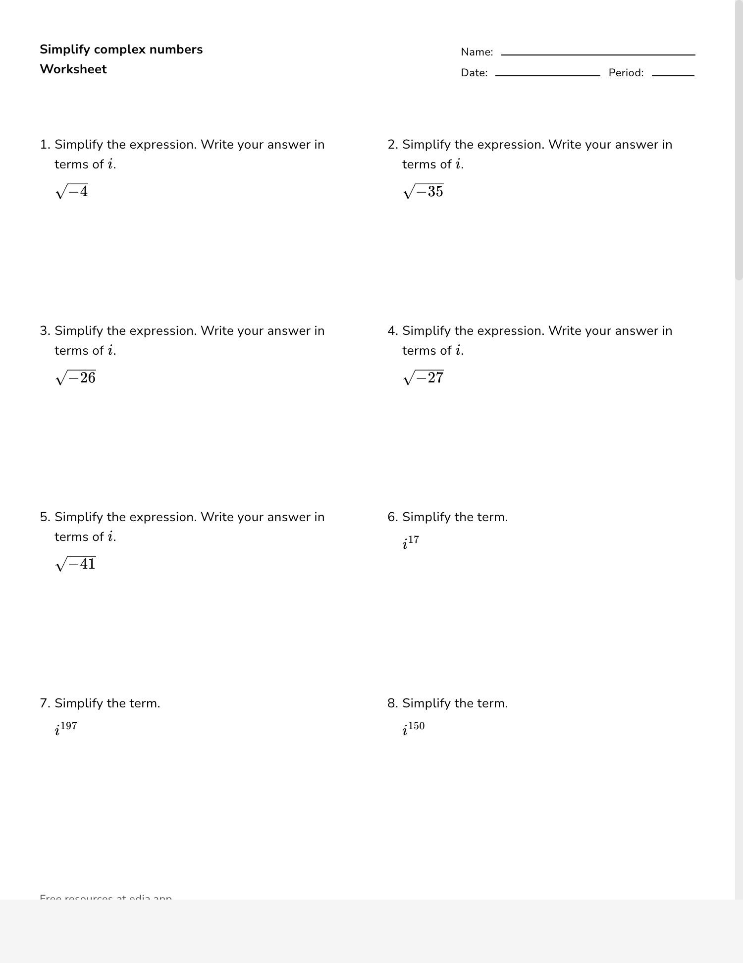 Simplifying Radicals With Imaginary Numbers Worksheet