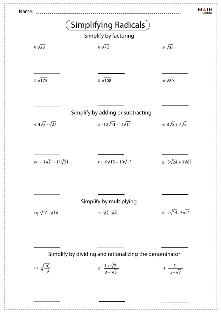 Simplifying Radicals Worksheets Math Monks Simplifying Radicals Worksheets Math Monks