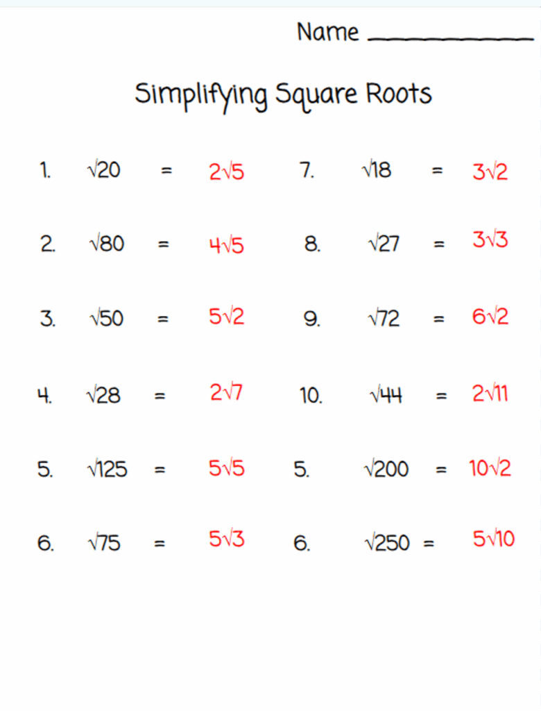 Simplifying Square Roots Teaching Resources 25 48 Worksheets Library