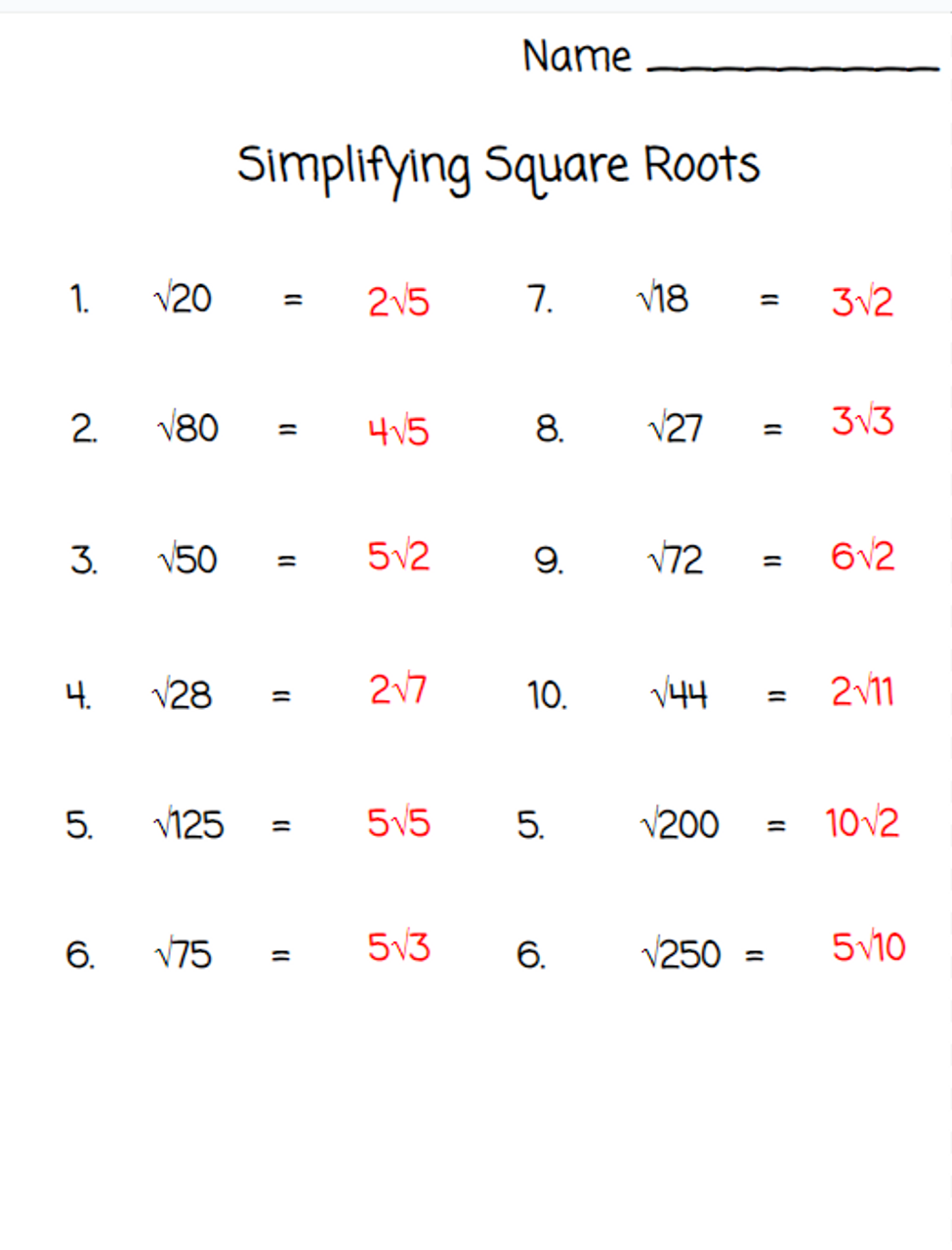 Simplifying Square Roots Teaching Resources 25 48 Worksheets Library