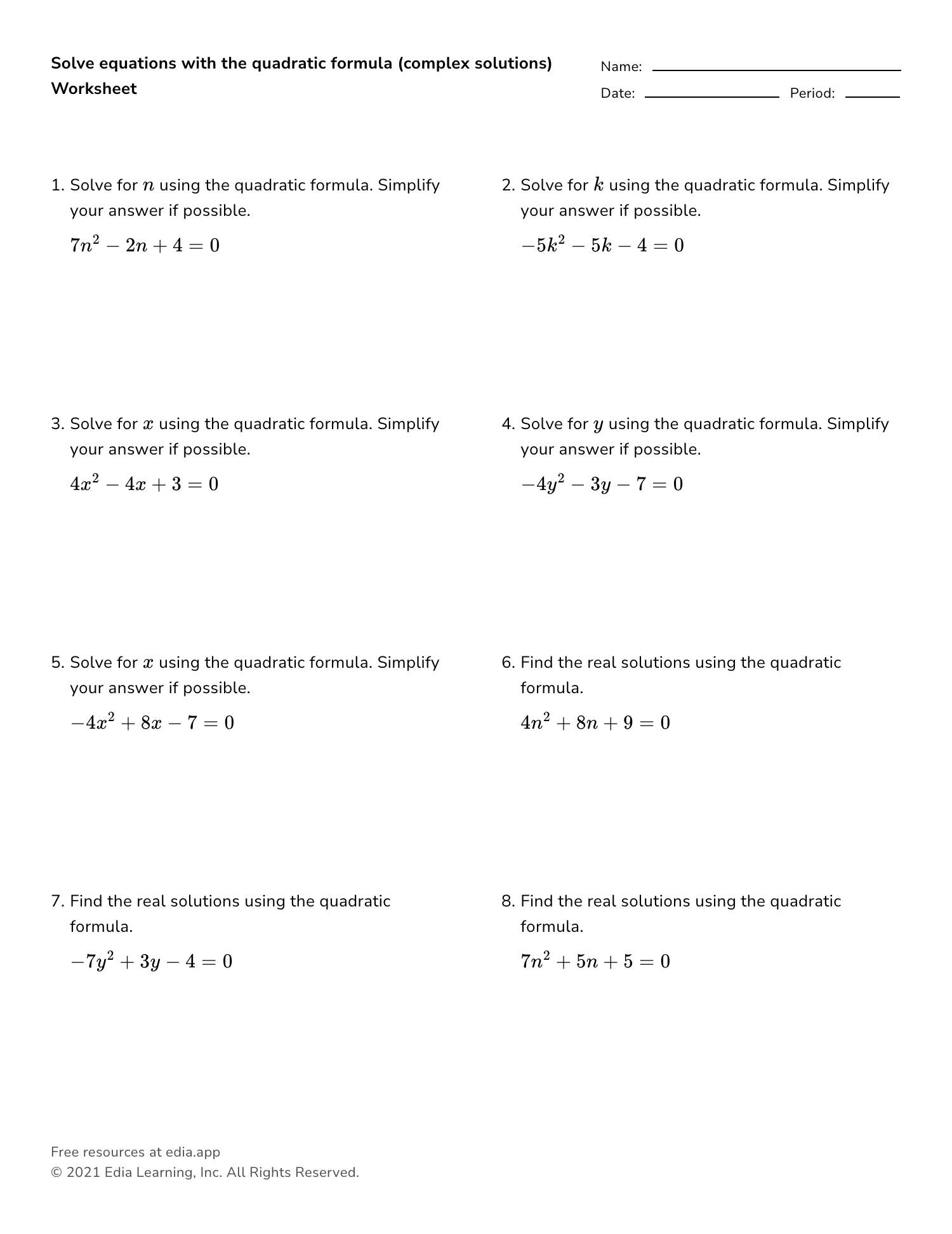 Solve Equations With The Quadratic Formula complex Solutions 
