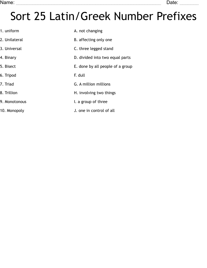 Sort 25 Latin Greek Number Prefixes Worksheet WordMint