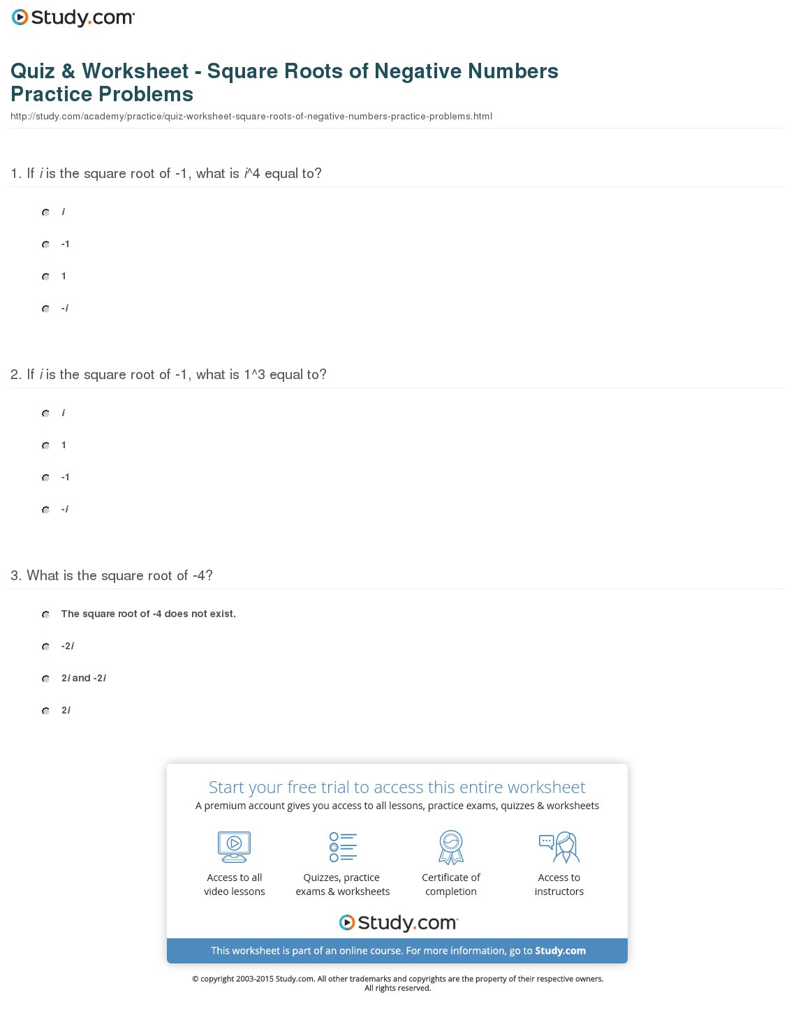 Square Roots Of Negative Numbers Worksheet Db excel