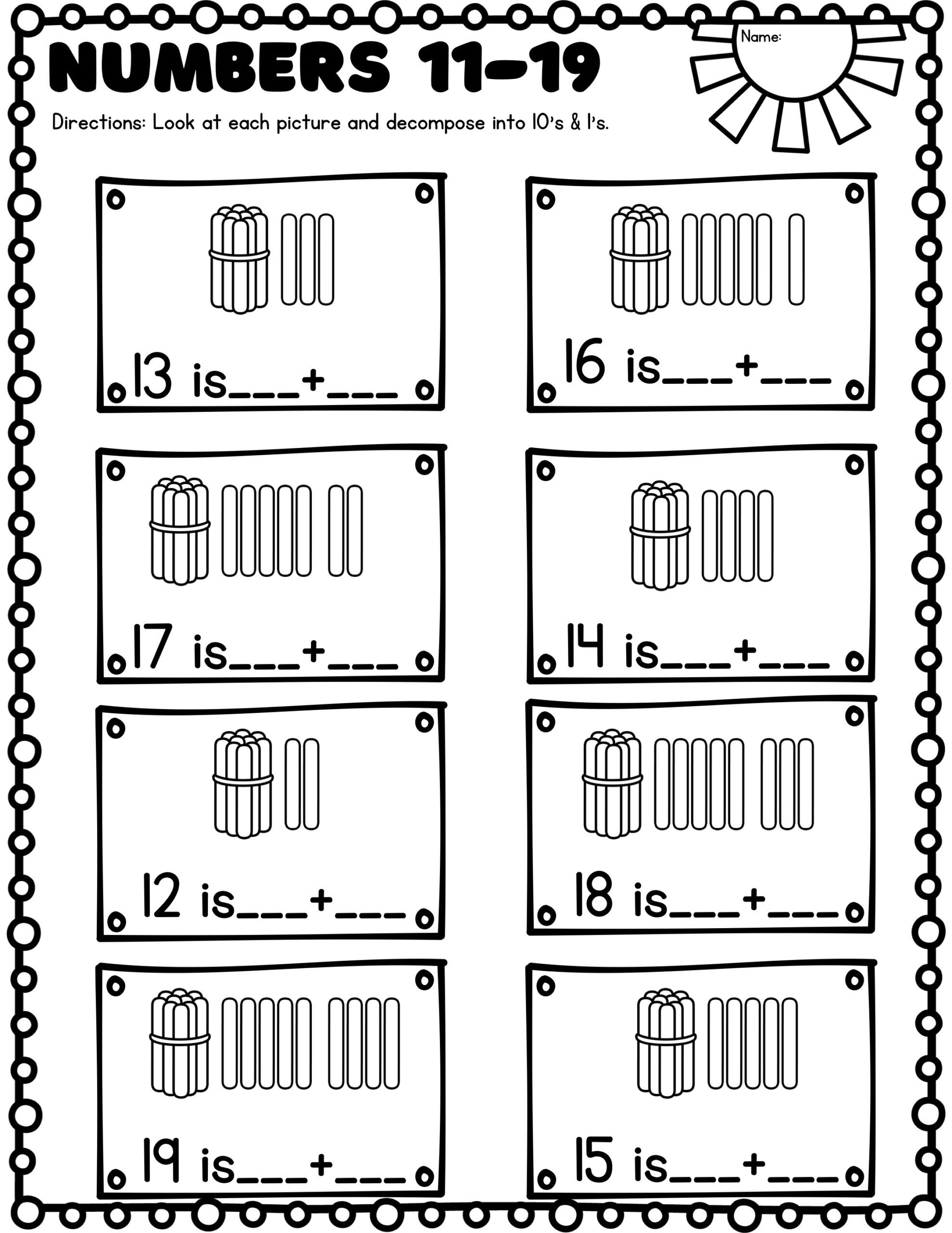Subitizing Numbers 11 19 Math Worksheets Classful