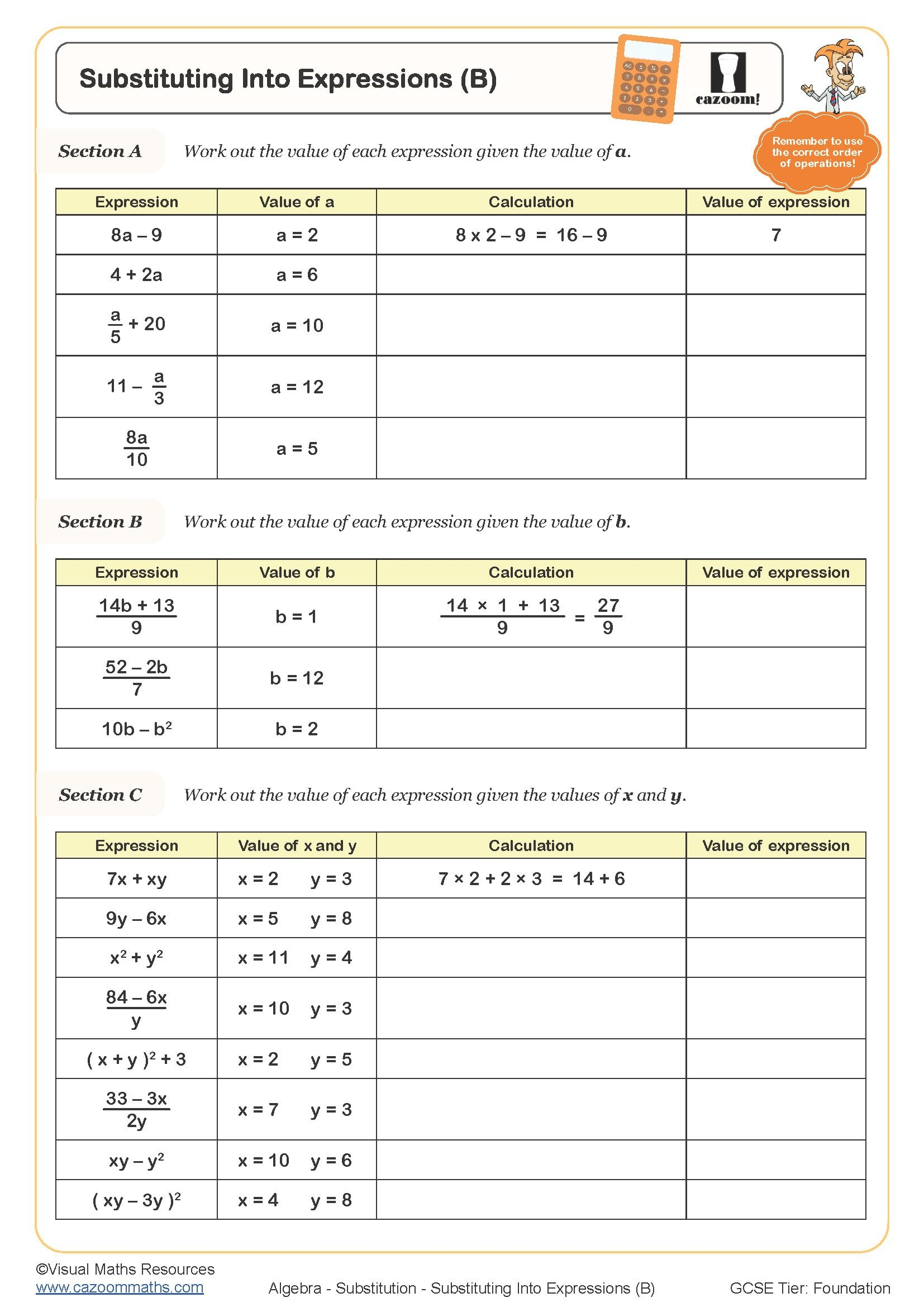 Substituting Into Expressions B Worksheet Printable PDF Worksheets