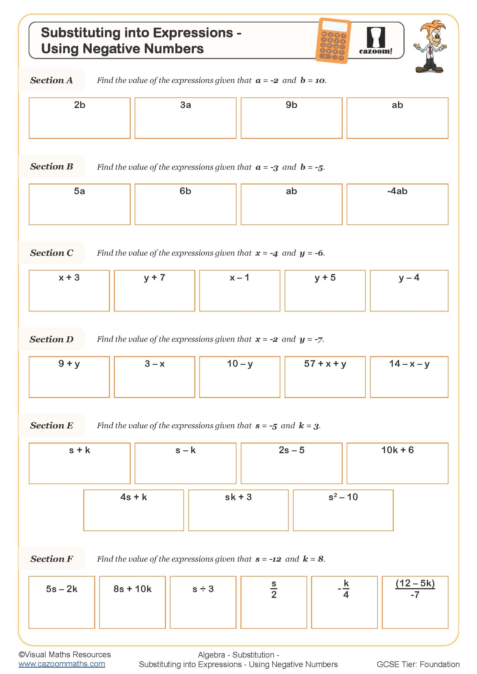 Substituting Into Expressions Using Negative Numbers Worksheet Fun