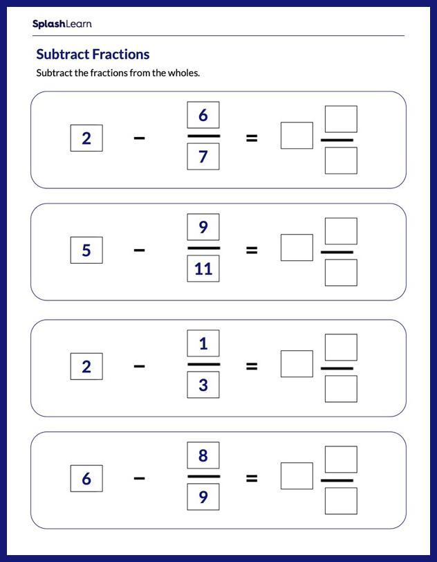 Subtract Fractions From Whole Number Math Worksheets SplashLearn