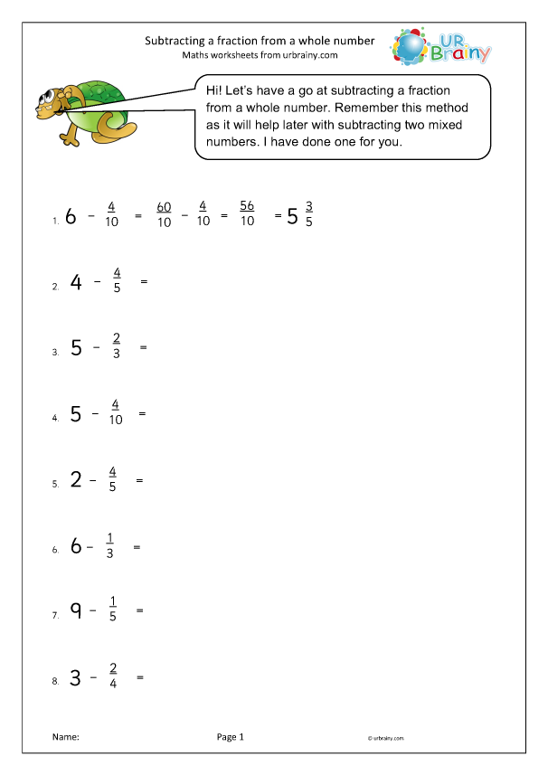 Subtract Fractions From Whole Numbers Fraction And Decimal 