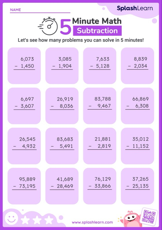 Subtract Large Numbers Vertical Timed Practice Printable Math Worksheet