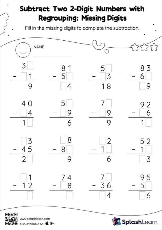 Subtract Two 2 Digit Numbers With Regrouping Missing Digits Worksheet