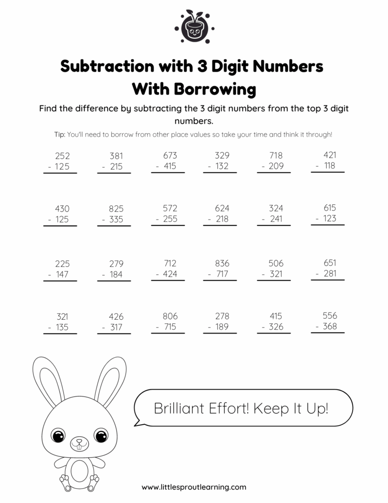 Subtracting 3 Digit Numbers With Borrowing Little Sprout
