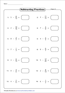 Subtracting Fractions From Whole Numbers Worksheets