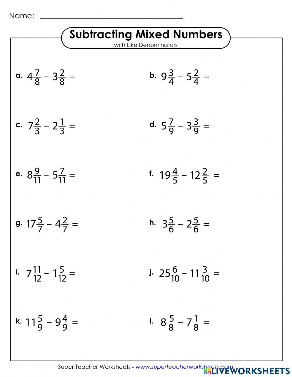 Subtracting Mixed Numbers W like Denominators 2 Online Exercise