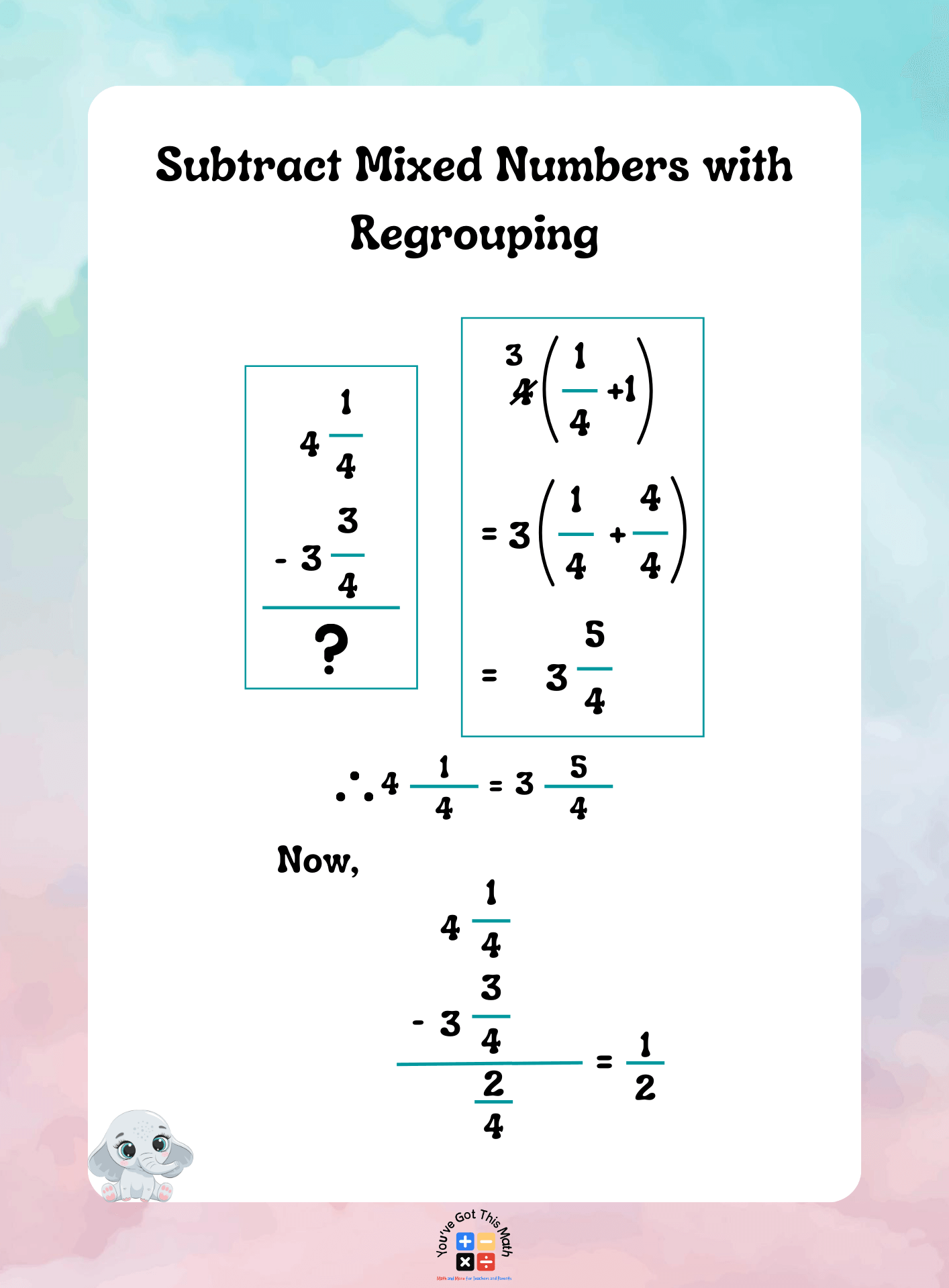 Subtracting Mixed Numbers With Regrouping Worksheets
