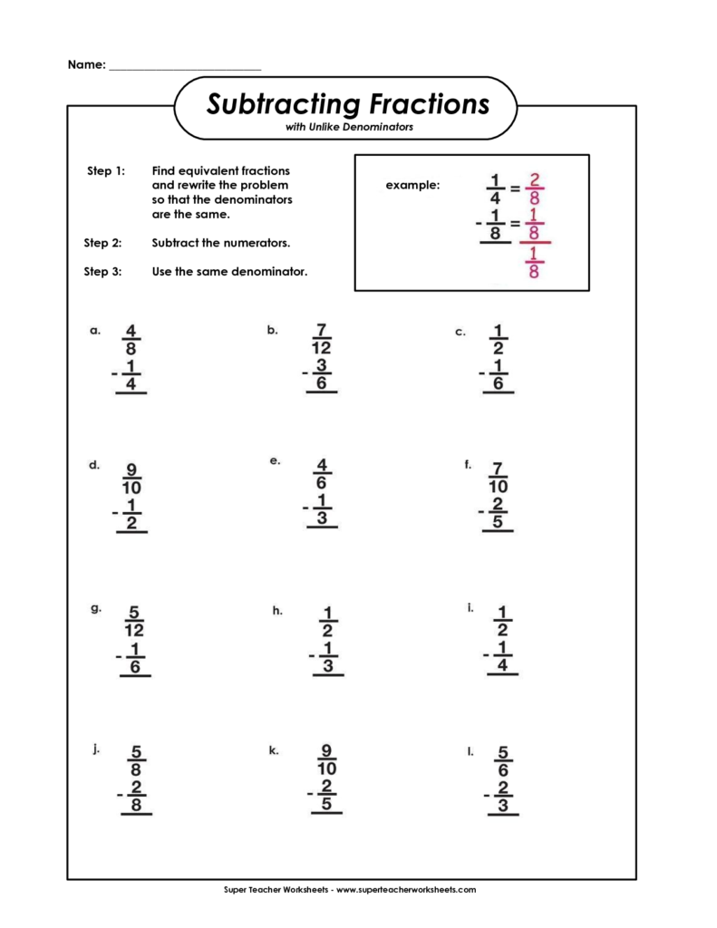 Subtracting Mixed Numbers With Unlike Denominators Worksheets 