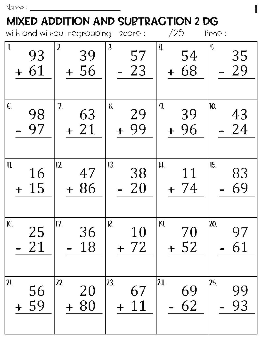 Subtracting Two Digit Numbers Worksheets