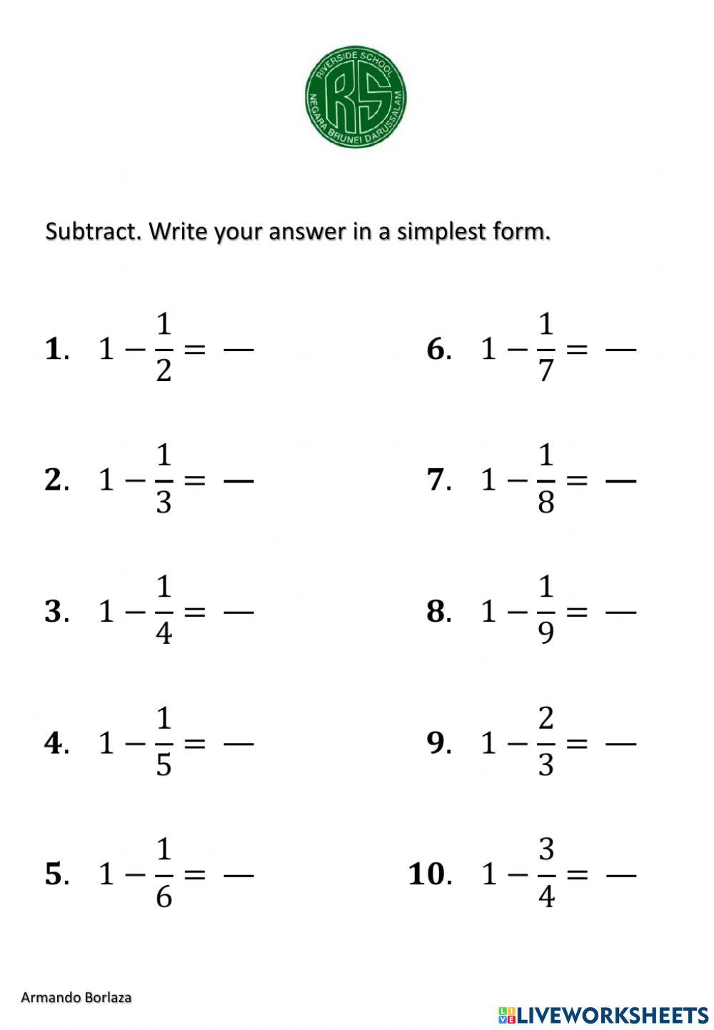 Subtracting Whole Number With Fraction Worksheet Live Worksheets 